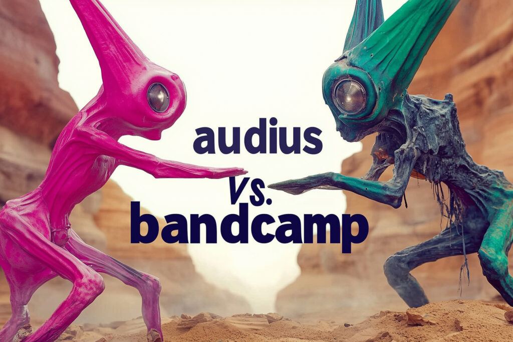 two abstract creatures compare audius and bandcamp fees in a fantastical landscape.