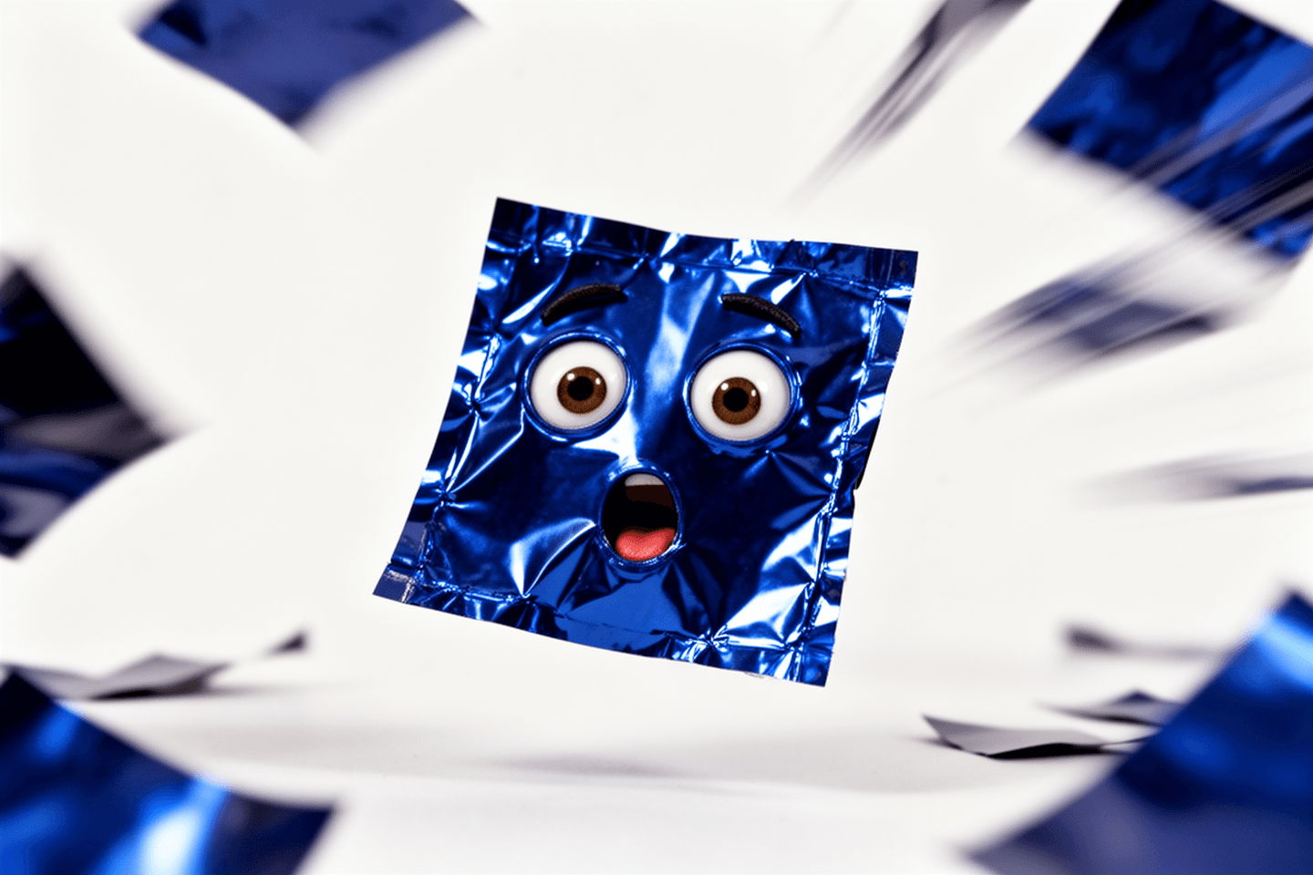a blue square of confetti with big round surprised eyes, tumbling against a white background