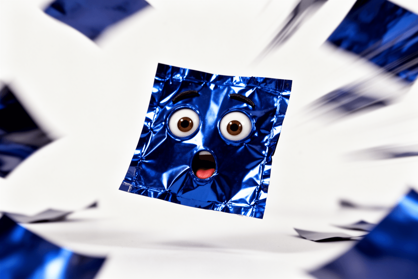 a blue square of confetti with big round surprised eyes, tumbling against a white background
