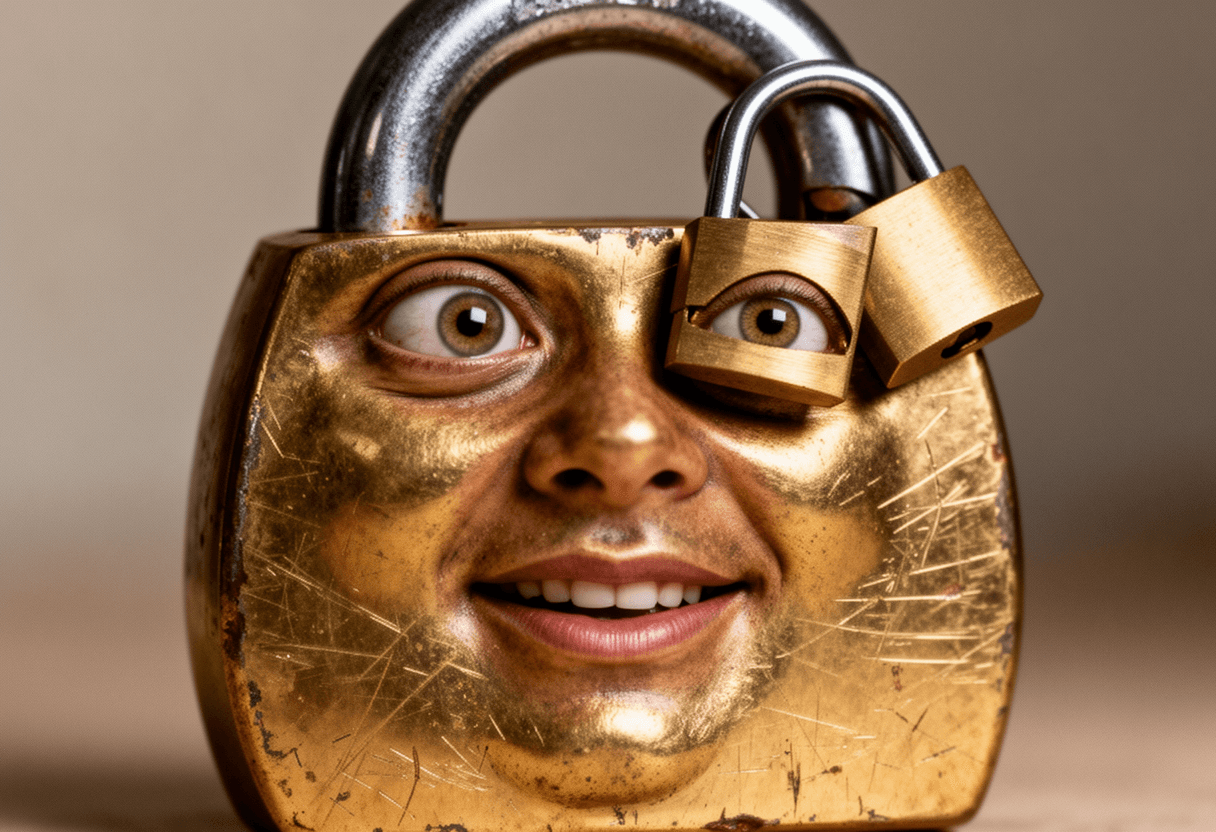 a worn brass padlock with a curious face and a second smaller padlock locked onto its shackle, a lock on a lock