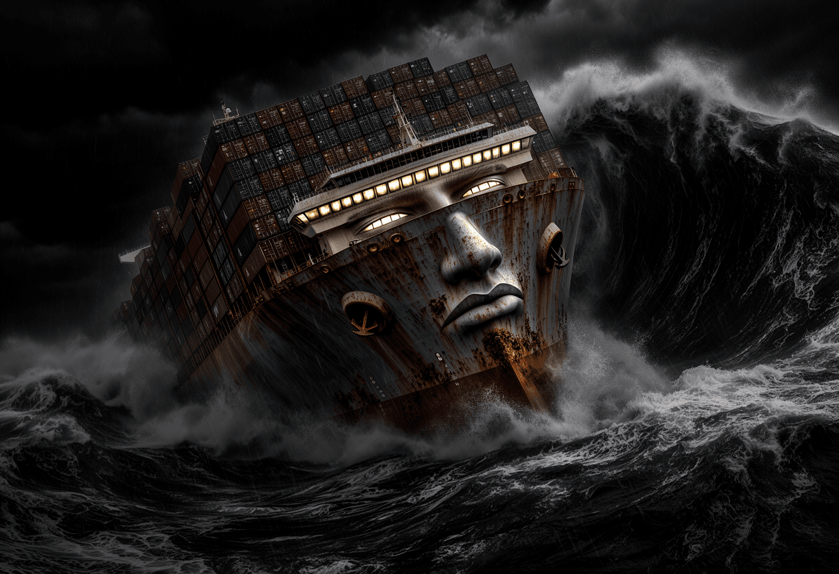 a colossal container ship with a sculpted face across its stacked containers, heeling hard in a storm at sea