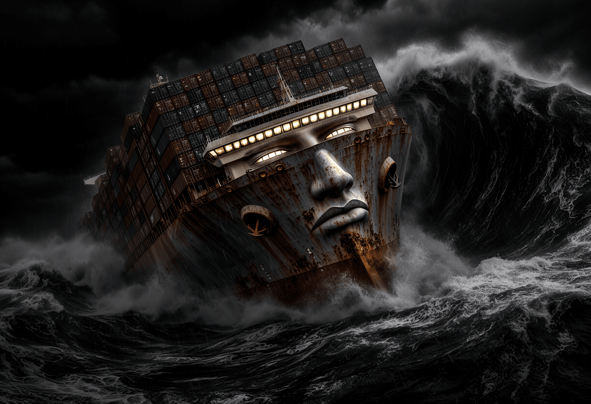 a colossal container ship with a sculpted face across its stacked containers, heeling hard in a storm at sea