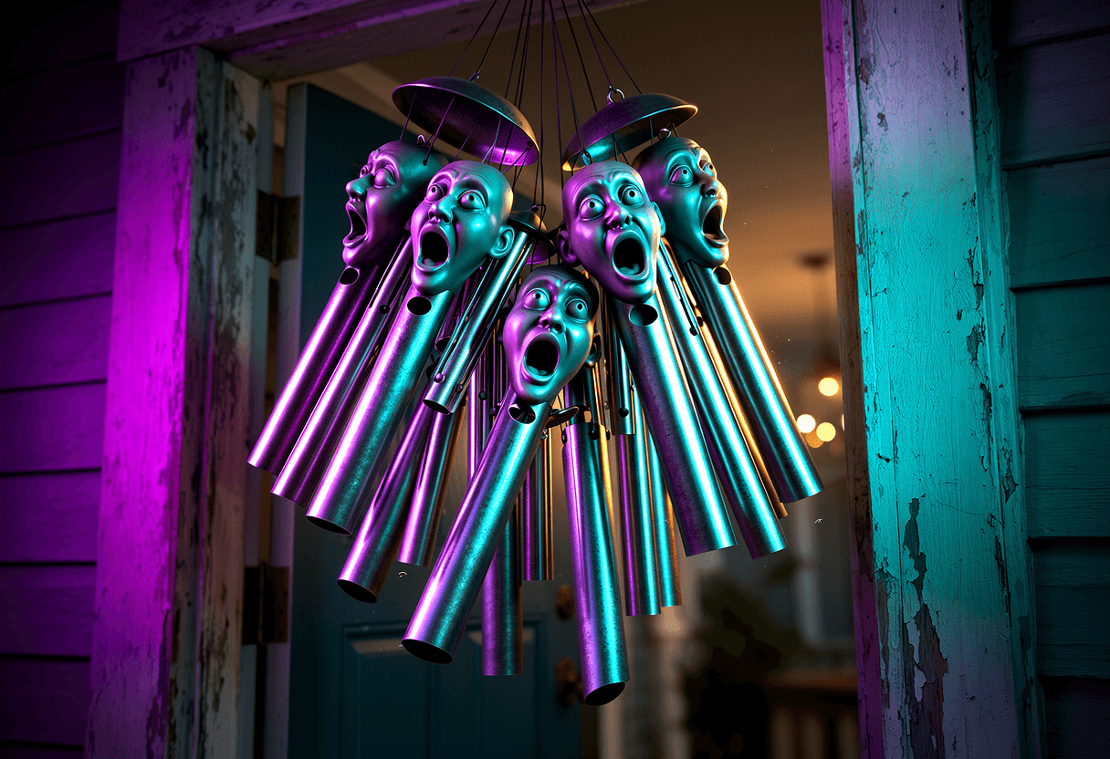 wind chimes with sculpted faces caught mid-collision on a porch at dusk