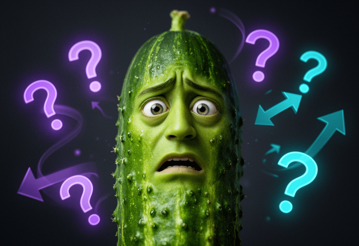 a single cucumber with a bewildered cross-eyed face, overwhelmed by a swirl of glowing question marks and conflicting arrows in purple and cyan