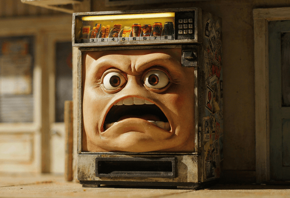 a battered vending machine with a big expressive sculpted face on its front, squinting in harsh midday sun outside a run-down store