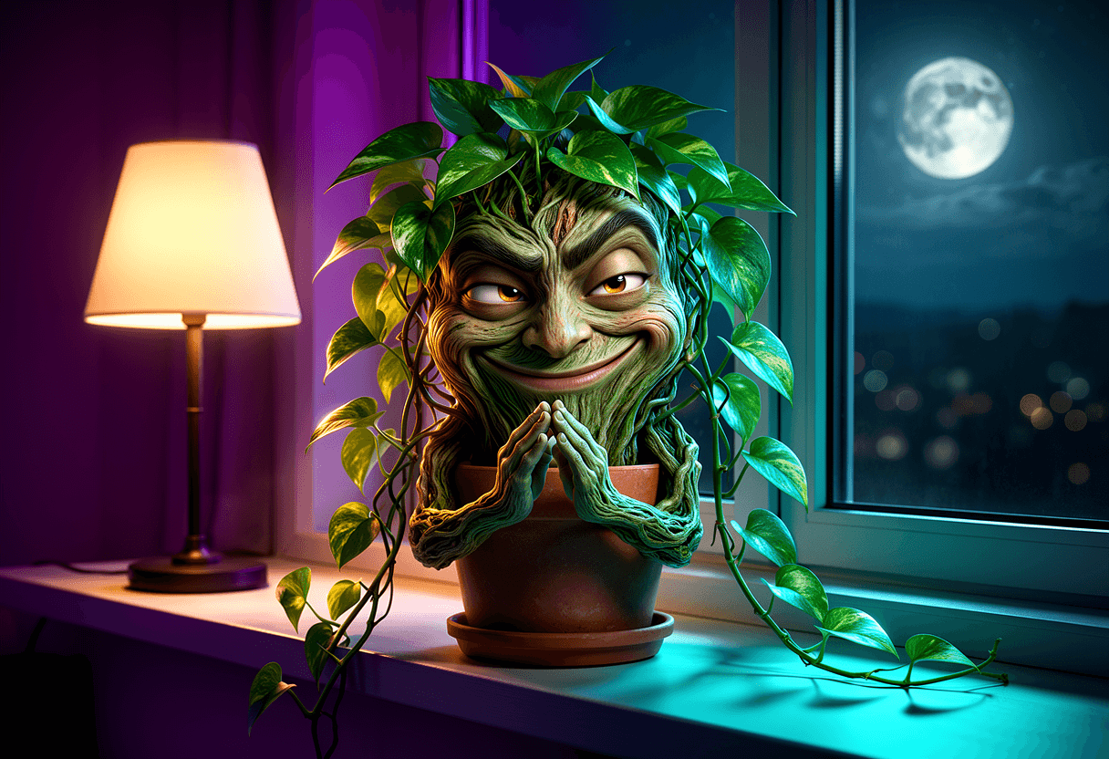a mischievous houseplant with a sculpted green face, scheming on a moonlit windowsill