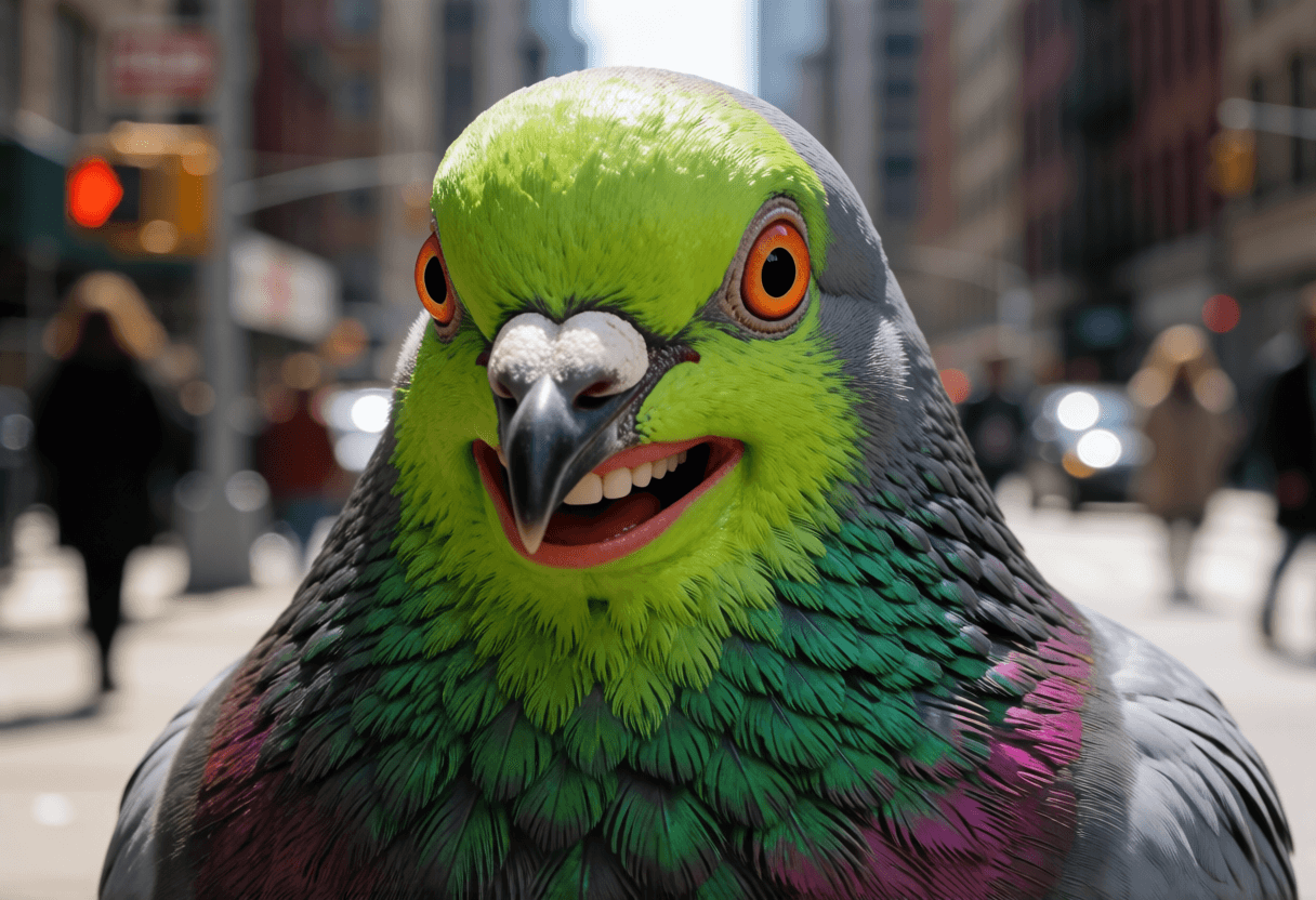 a lime-green-faced new york pigeon flashing a wide grin of human teeth on a busy sidewalk