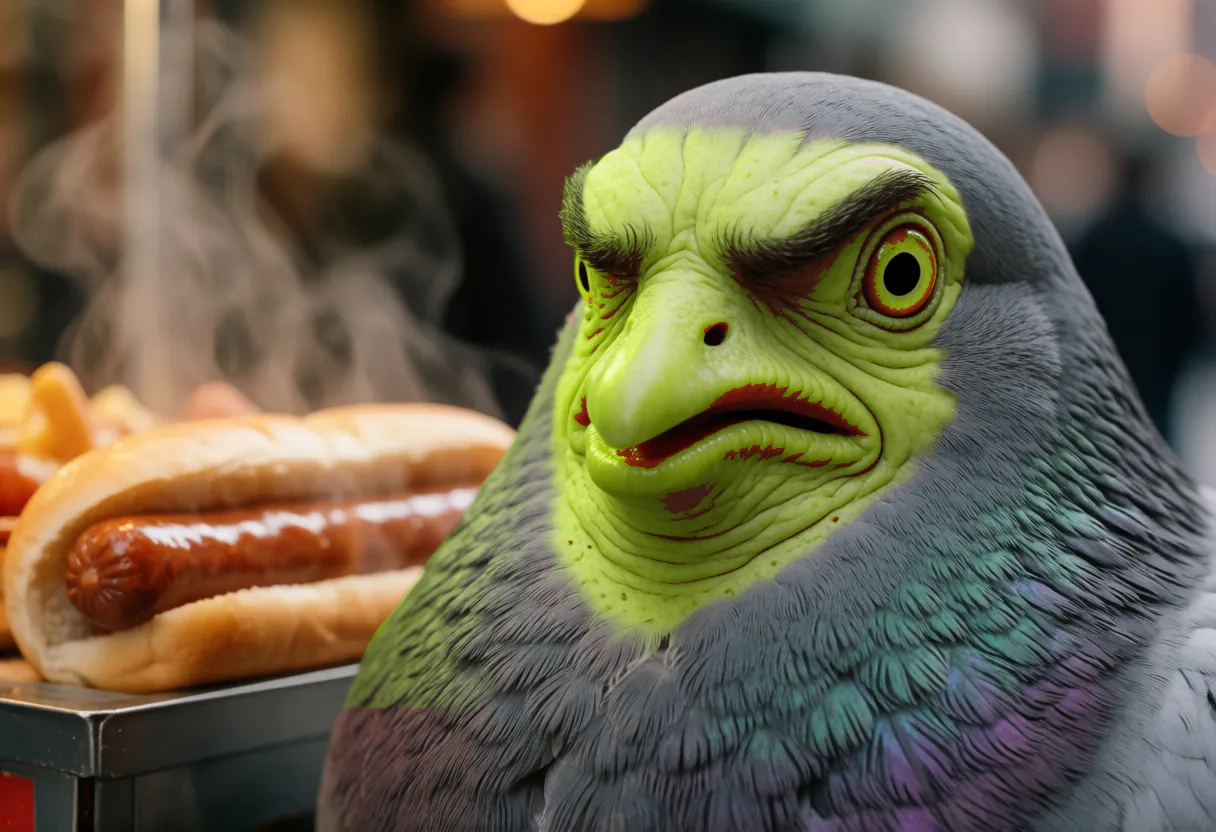 the pigeon turned sickly chartreuse, curling a human lip at a street-cart hot dog
