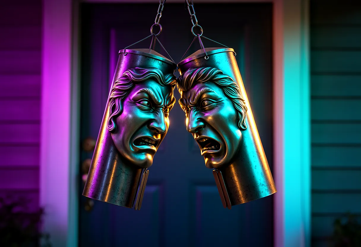 two wind chimes with sculpted faces about to collide and ring