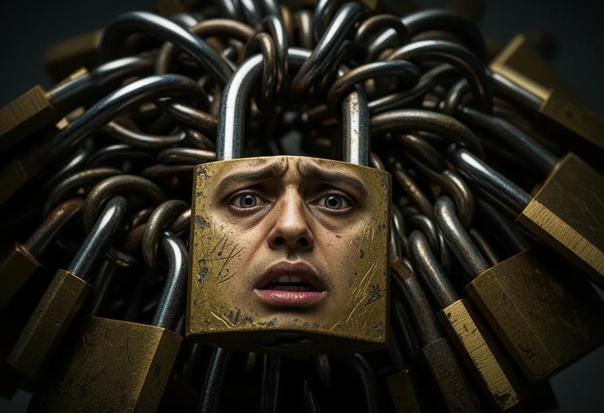 a dense tangle of many padlocks all locked onto one another, one with a weary trapped face
