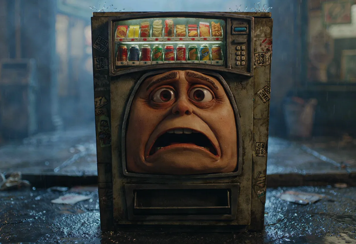 the vending-machine character with a weary face in a cold blue rainy dawn, mist and puddles, raindrops on its metal