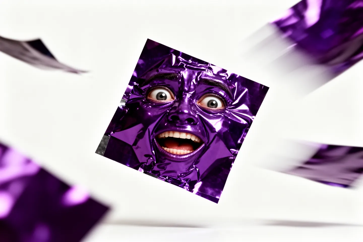a purple square of confetti with a dizzy cross-eyed face, tumbling end over end through the air