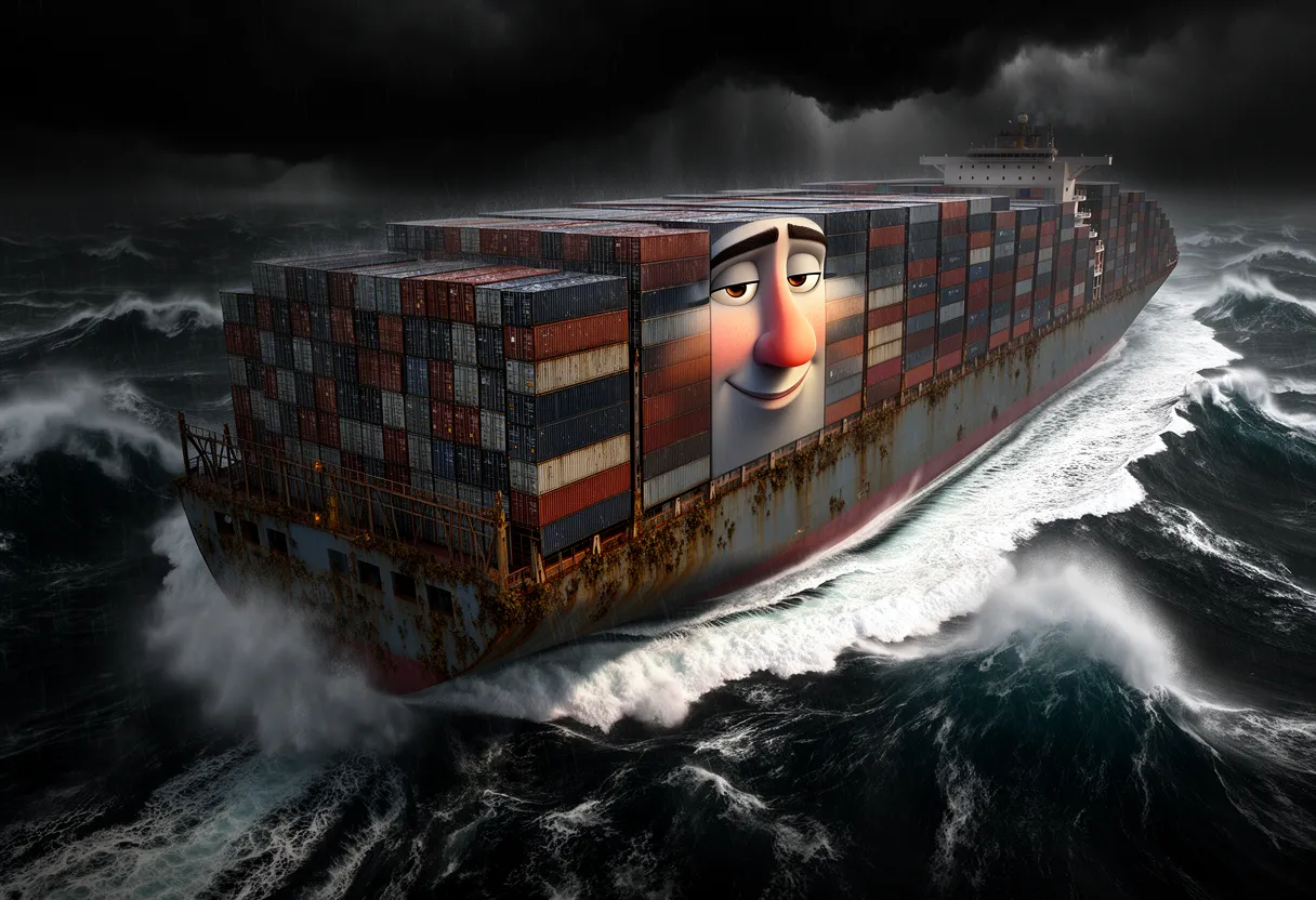 the container ship seen from above and to the side, a giant face across its stacked containers, carving a wake through storm swells