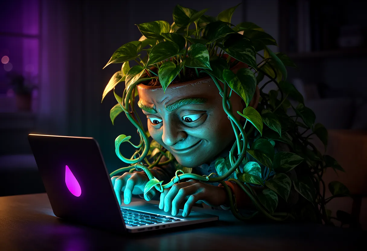 the houseplant hunched over a glowing laptop at 2am, scheming