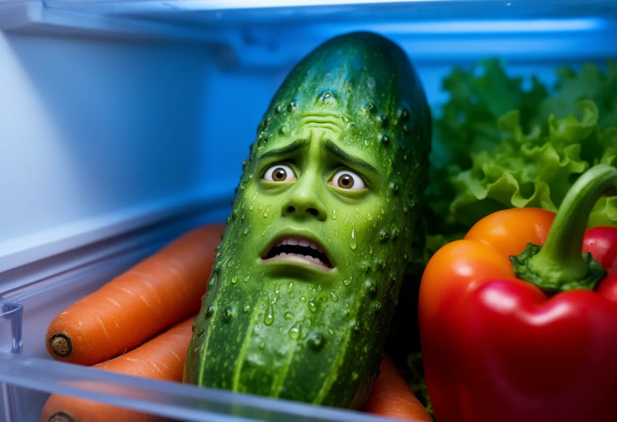 the cucumber sweating in a refrigerator crisper drawer among the other vegetables, trying and failing to look calm