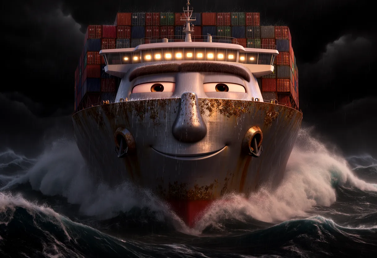 a close-up of the ship's face — calm and rain-soaked, its bridge-window eyes lit warm against the black storm