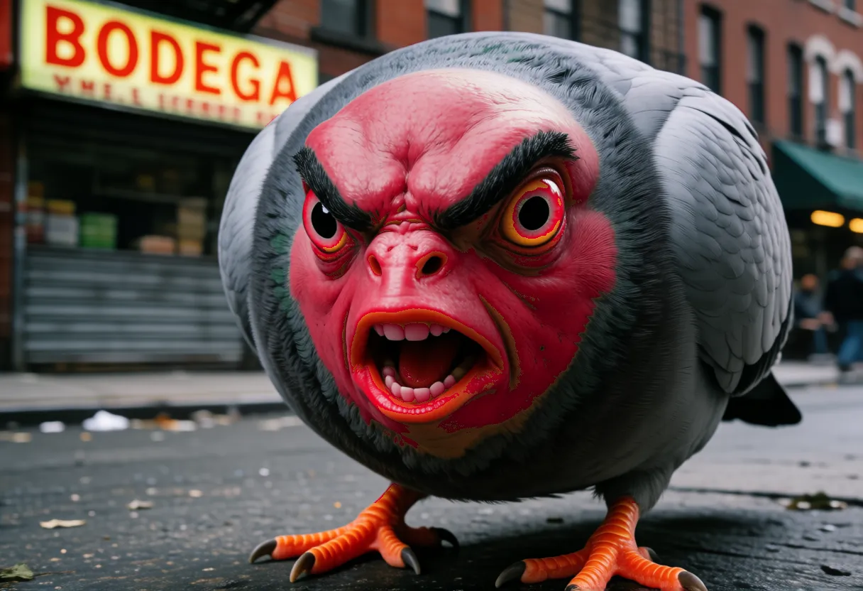 the pigeon gone blood-crimson and furious, teeth bared, charging past a bodega