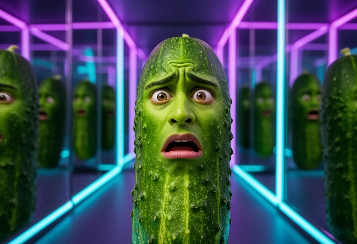 the cucumber lost in a mirrored maze, a dozen confused reflections of itself receding down neon corridors