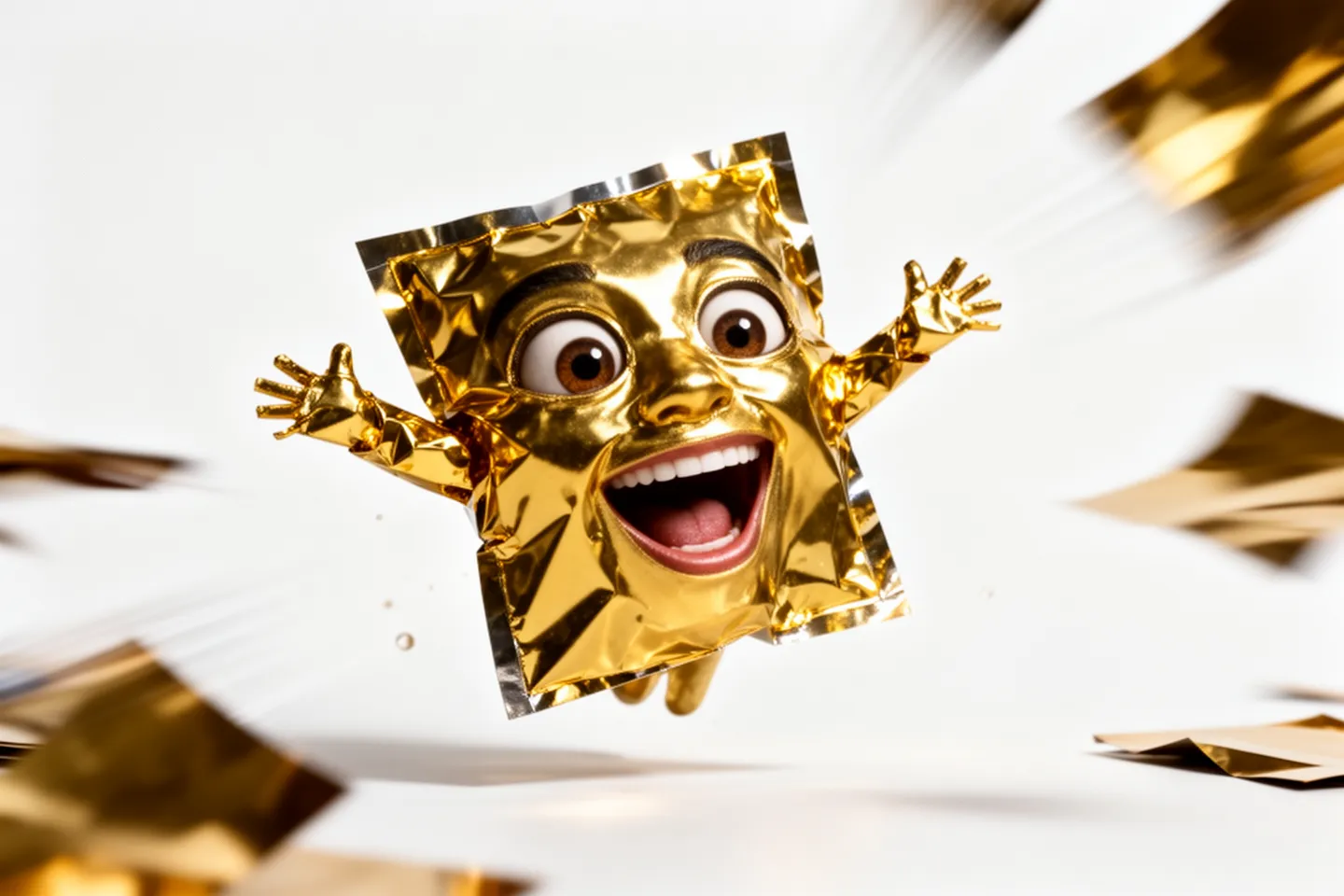 a gold square of confetti with an ecstatic wide-eyed face, rocketing straight upward