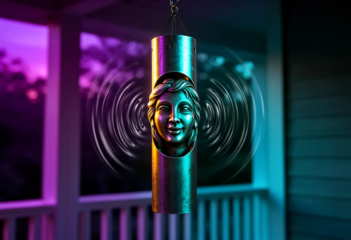 a single wind chime with a sculpted face ringing, sound rippling outward