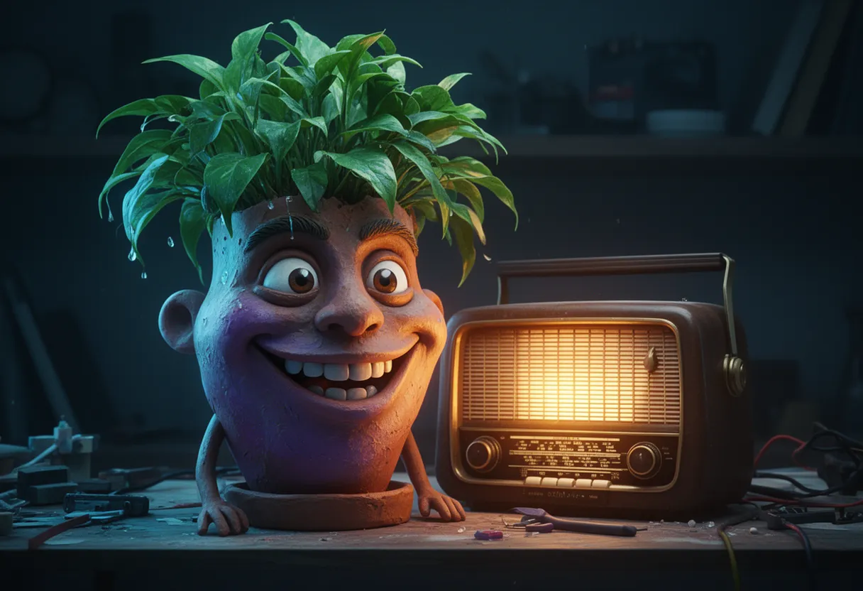 the houseplant grinning proudly beside the glowing radio it built