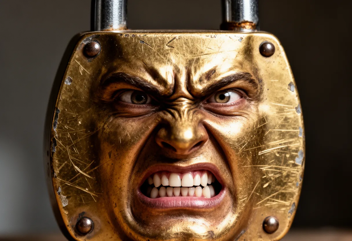 a worn brass padlock with a furious face, deeply furrowed brows and gritted teeth