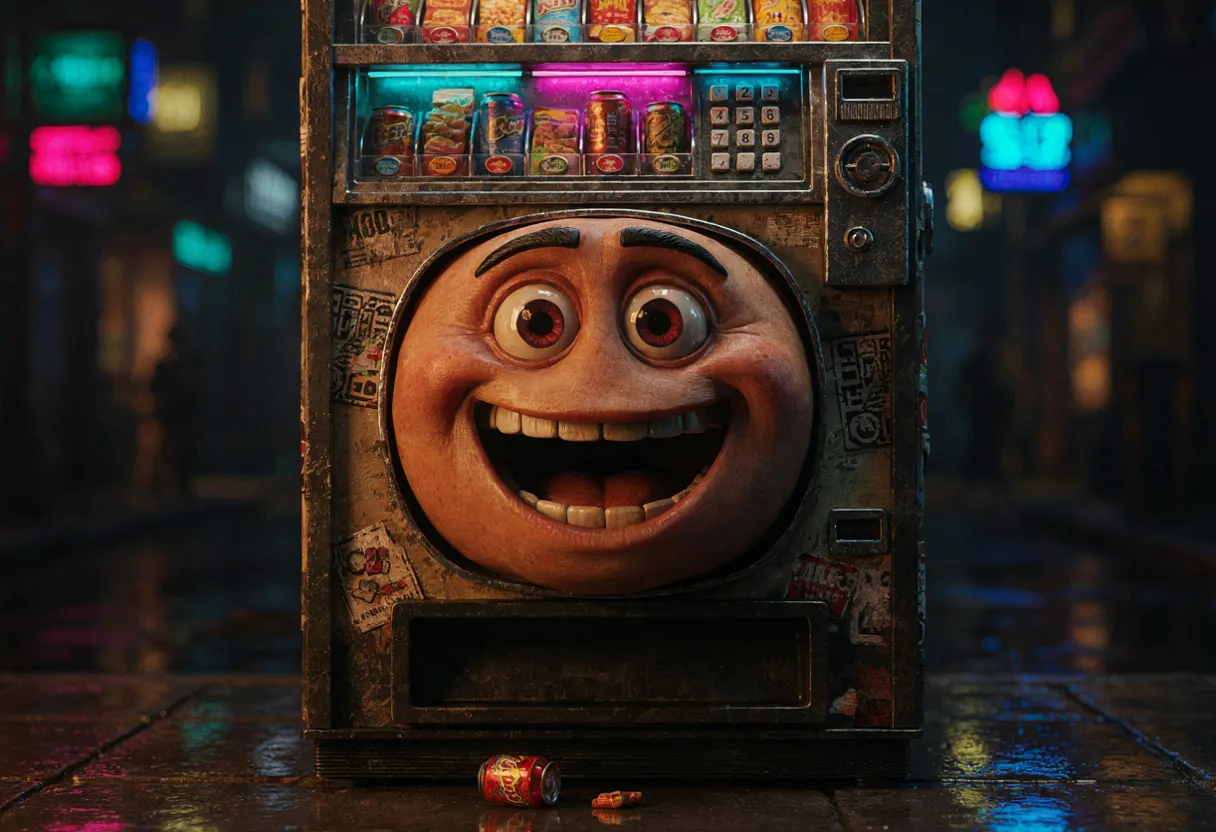 the vending-machine character lit magenta and cyan in the neon night, a snack dropped free at its base on wet pavement