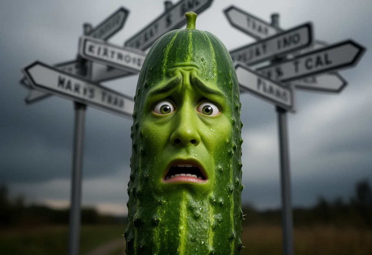 the cucumber at a crossroads under a tangle of contradictory road signs pointing every direction at once