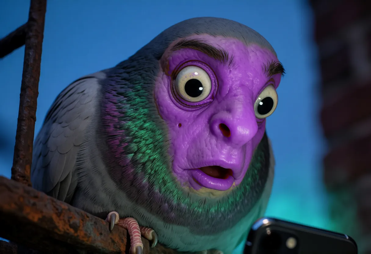 the pigeon, now violet and bug-eyed, gawking at a glowing phone on a dusk fire escape