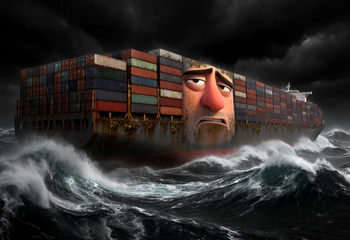 the ship in side profile far across the stormy sea, the giant face spanning its long wall of containers