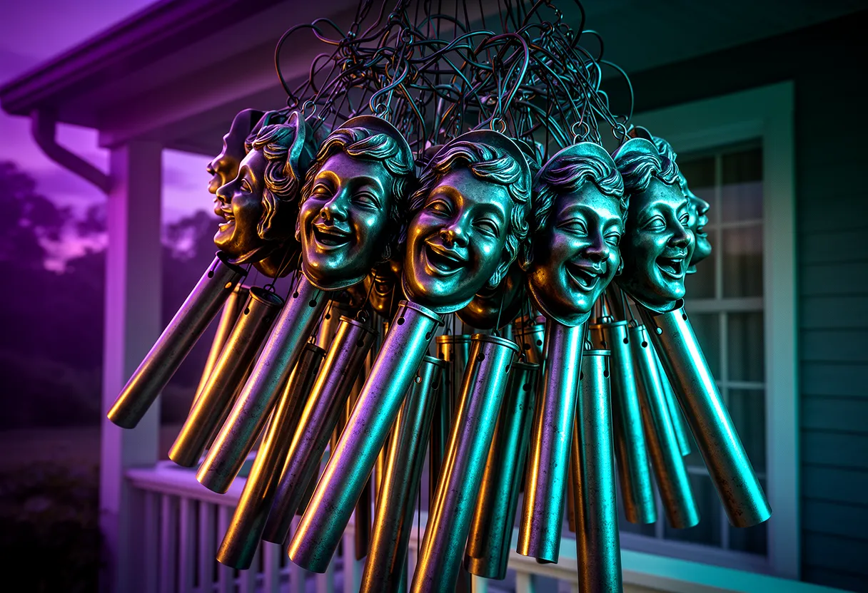 a cluster of wind-chime faces tangled and clashing in a breeze