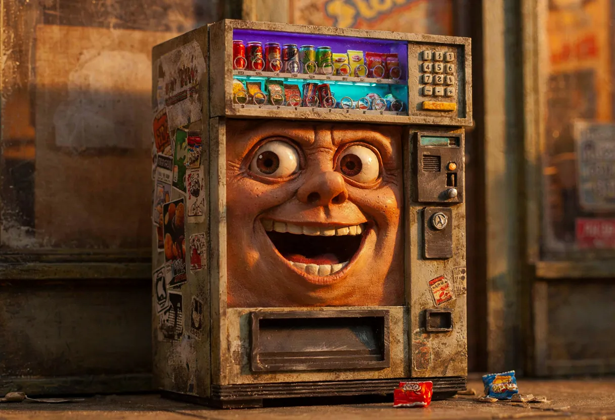 the vending-machine character with a big grin out front of the store at golden sunset, its snack display glowing