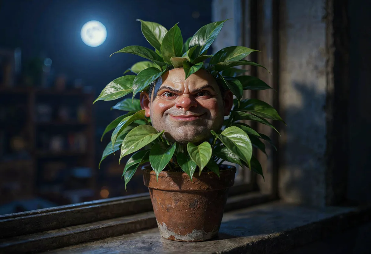 the houseplant on a moonlit windowsill at night