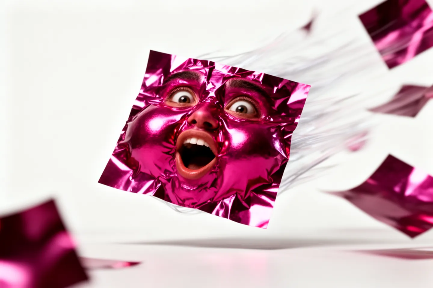 a magenta confetti with an open-mouthed gasp and puffed cheeks, whipping through the air
