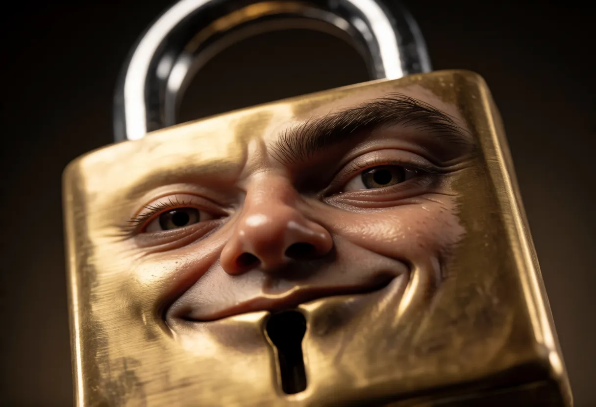 a worn brass padlock with a smug, self-satisfied face, half-lidded eyes and a sly knowing smirk, a keyhole beneath its chin